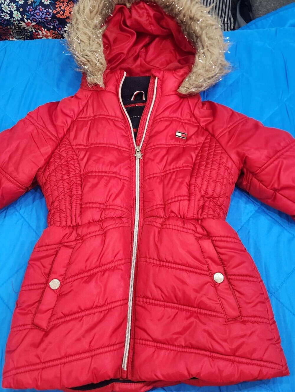 Tommy Hilfiger Girls Red Quilted Puffer Coat with Faux Fur Hood Trim
